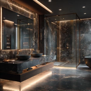 Create a highly luxurious black marble bathroom featuring gold f...