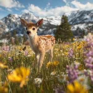 Baby fawn walking slowly through spring meadow, yellow and purpl...