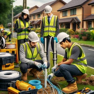 Generate an image of Fibre deployment with 3 engineers wearing P...