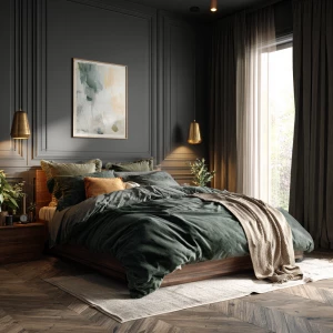 Create a stunning and luxurious Scandinavian bedroom setting fea...
