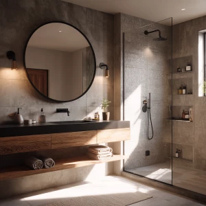 Create an ultra-realistic image of a modern common bathroom feat...
