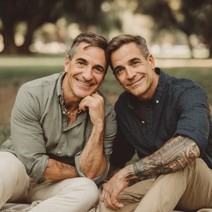 Two light-skinned 50+ men seated outdoors on a blanket in a park...
