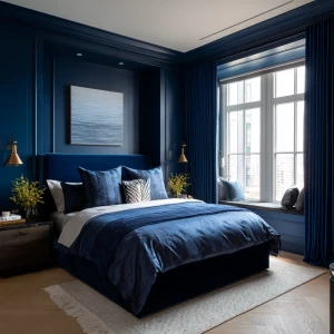 Ultra-realistic photograph of a bold color-drenched bedroom, ful...