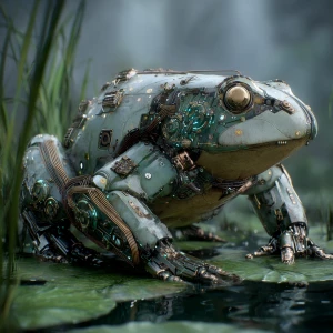 Generate a detailed image of a futuristic frog-like robot with a...