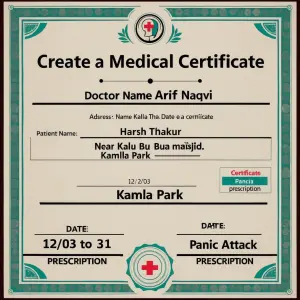 Create a medical certificate doctor name Arif Naqvi adress near...