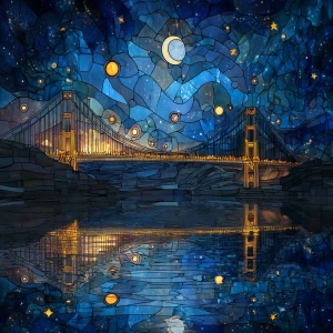 A celestial stained glass artwork depicting an illuminated bridg...