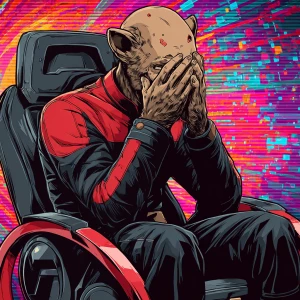 A humanoid cat character with a bald head, wearing a red and bla...