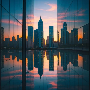 Glass city at dawn, surreal reflections