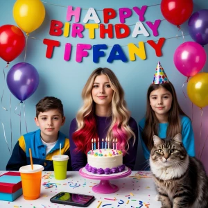 Banner states “Happy Birthday Tiffany”
35 year old woman with lo...