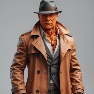 A man with orange rocks for skin in a trenchcoat and a fedora.
