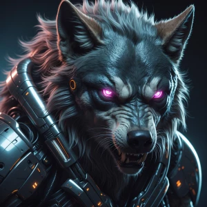 An imposing werewolf with sleek, metallic fur and glowing neon e...