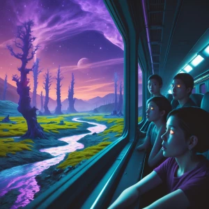 surreal alien landscape seen from train window, glowing nature,...