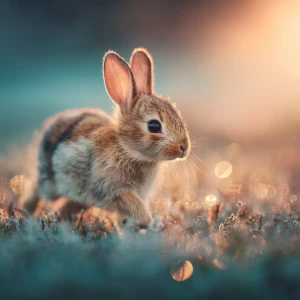 adorable baby rabbit walking through soft glowing grass toward a...