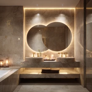Create an image of a full beige marble bathroom featuring a floa...