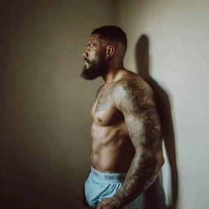 Generate an image of a strong man with a short, dark haircut and...