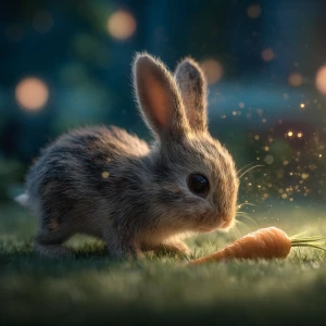A charming baby rabbit exploring a softly shining golden carrot...