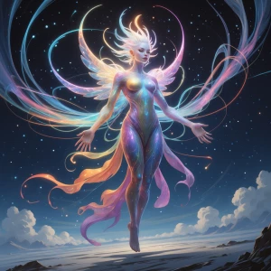 A luminous celestial being, its form a kaleidoscope of shifting...