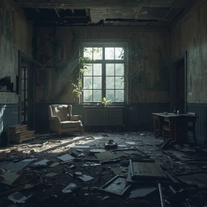 A highly realistic photograph of an abandoned room, filled with...