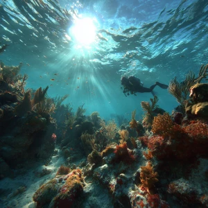 A scuba diver immersed in a dazzling coral reef habitat, illumin...