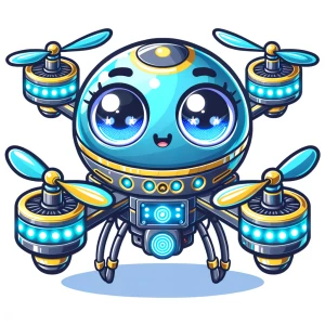 Create a design for a cute futuristic drone mascot with big LED...
