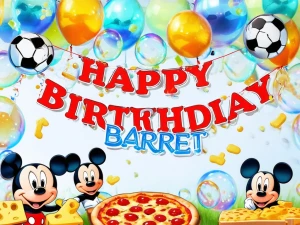 banner states “Happy Birthday Barrett”; decorations: soap bubble...