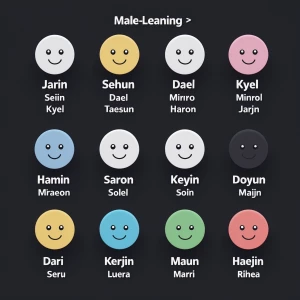 **Male-leaning**  

- Jarin  
- Sehun  
- Dael  
- Minro  
- Kye...