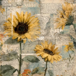 Vintage sunflower junk journal page, layered shabby papers with...