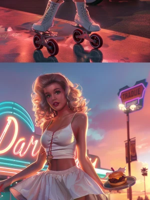1950s retro pin-up illustration, glamorous roller-skate waitress...