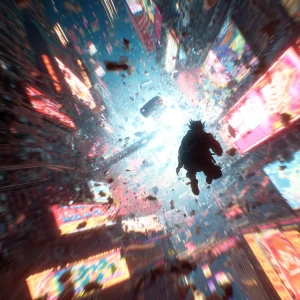 unleashing a gravity pulse in a neon-lit cityscape, floating abo...