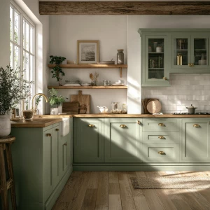 Generate a realistic image of a farmhouse kitchen showcasing sag...