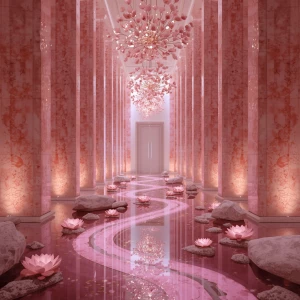 Stand in The Bloom Gate's Grand Entry Hall, where majestic pink...