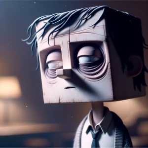 Camera slowly zooms in toward the square-headed character. His e...