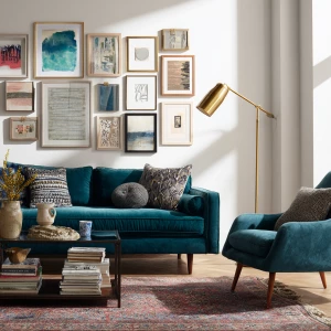 Create an eclectic living room editorial scene with the followin...