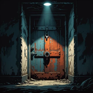 Prompt:
“Rusty, heavy basement door, old and padlocked, peeling...