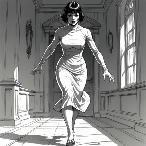 black and white sketch of a young woman, 6" tall, 170 lbs., 42"...