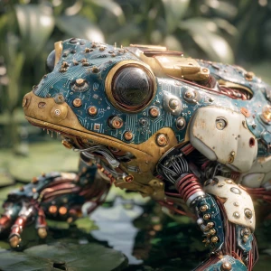 Generate a detailed image of a futuristic frog-like robot with a...