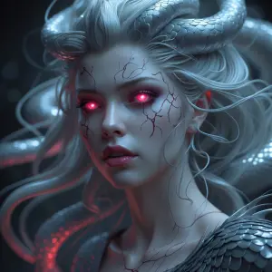 A celestial eerie gorgon, her ethereal form radiates an otherwor...