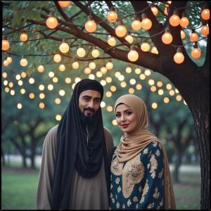 An islamic man and hijabi woman under a tree .the tree is full w...