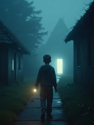"A young boy walks through a foggy village at night, holding a t...