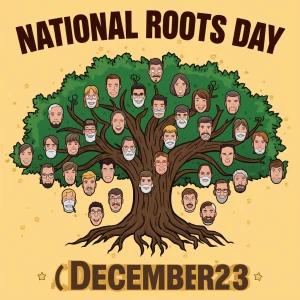 Banner states,
“National Roots Day
December 23”
(Comic style; fa...