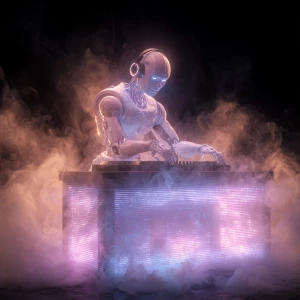 Robot DJ with humanoid features, illuminated DJ booth, lasers an...