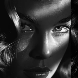 Ultra realistic big close-up portrait of Lauren Bacall, black an...