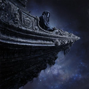 A hauntingly colossal darkwave-driven galaxy galleon, wreathed i...