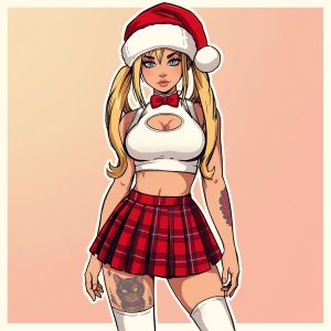 humanoid cat with long blonde hair in pigtails, wearing a red an...