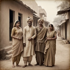 A realistic 19th century vintage photograph of an Indian family...