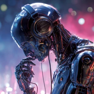 A sleek metallic robot DJ wearing headphones, performing live at...