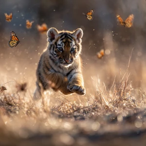 A young tiger cub named Teddy makes an energetic leap forward, l...