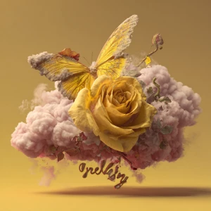 Yellow butterfly mixed with a rose while a cloud spelling a name...