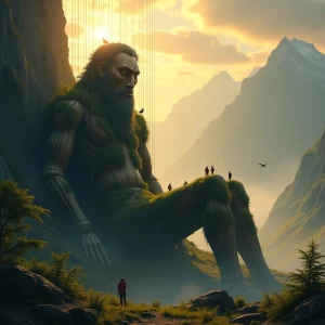 A colossal wooden marionette, a forgotten god of the mountains,...