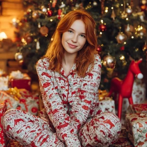woman sitting near Christmas tree looking into the camera in Chr...